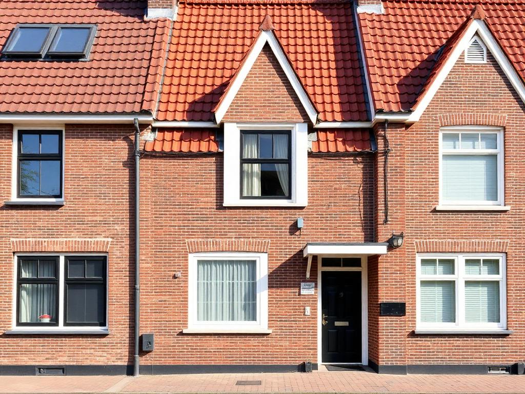 Voorzijde van een rijtjeswoning met een schuin pannendak.