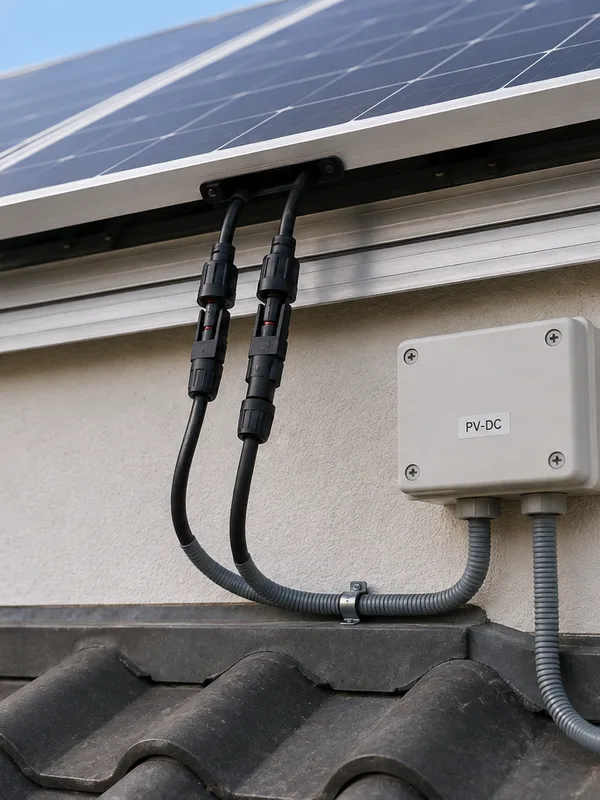 Aansluitkast op de gevel onder zonnepanelen, met kabels in buis over de dakpannen.