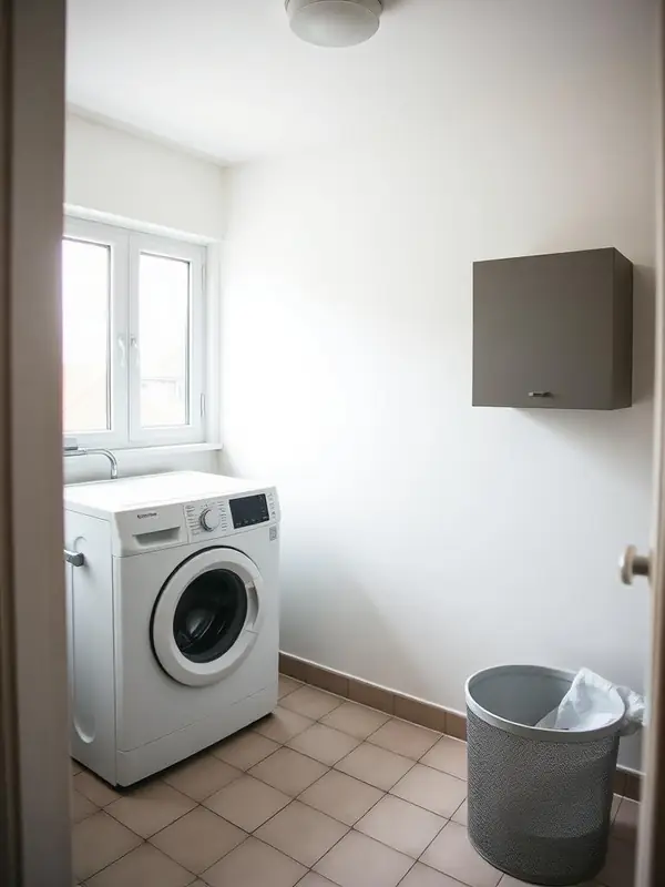 Bijkeuken met wasmachine en tegelvloer.