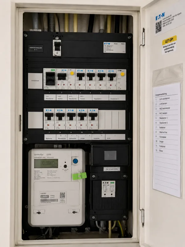 Open meterkast met slimme meter, groepenkast en een groepenverklaring op de deur.
