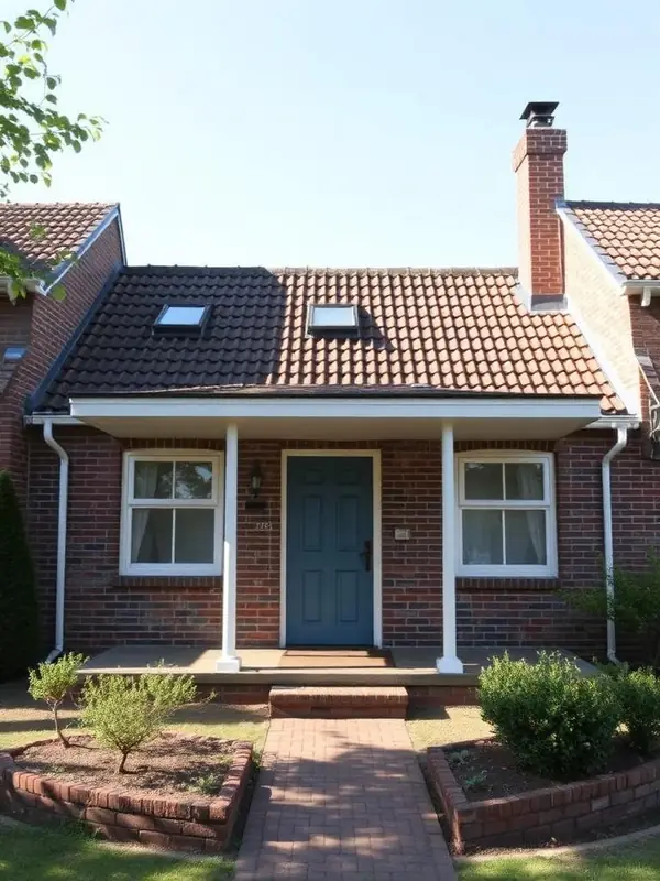 Voorgevel van een bakstenen woning uit de jaren zestig.