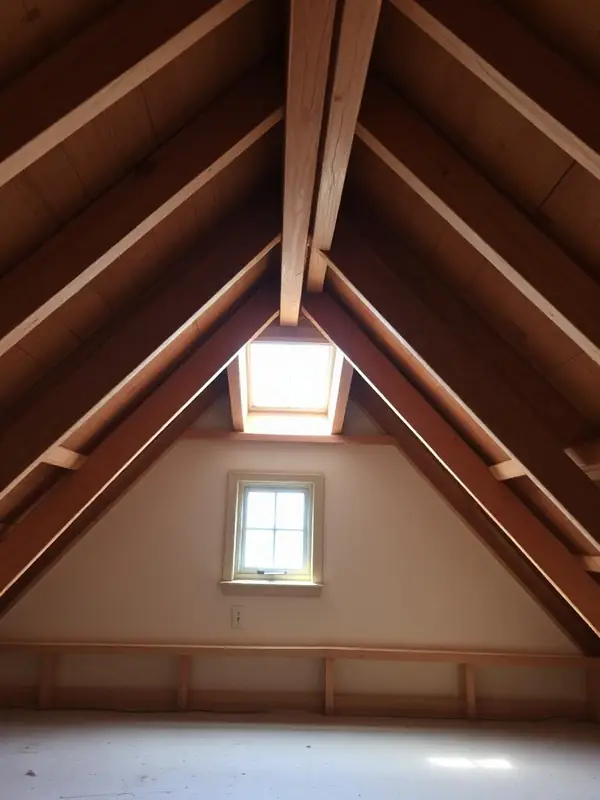 Onafgewerkte zolder met houten balken.