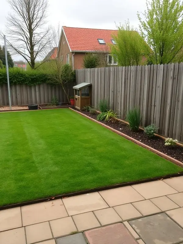 Achtertuin met gazon en een border langs een houten schutting.