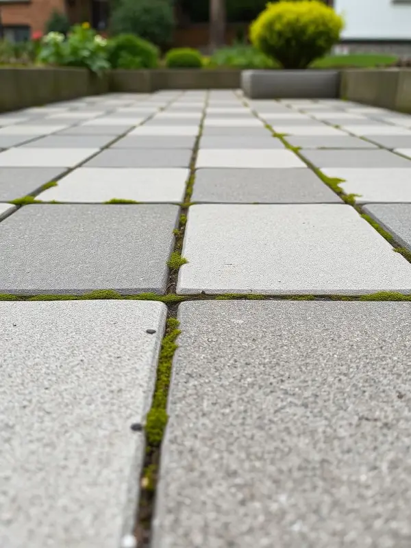 Betontegels van dichtbij met mos in de voegen.