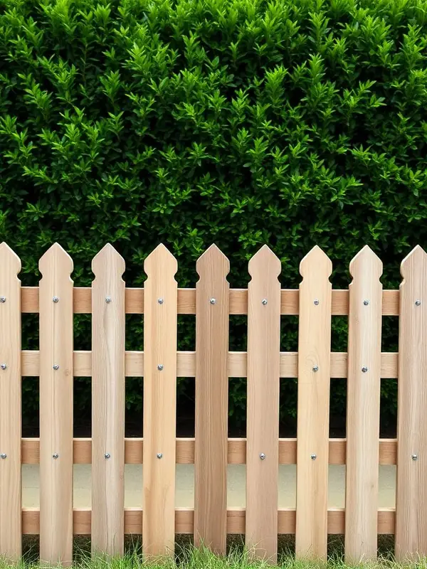 Houten schutting op de erfgrens met haag erachter.