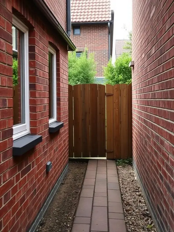 Smal tegelpad langs de woning naar een houten poort.