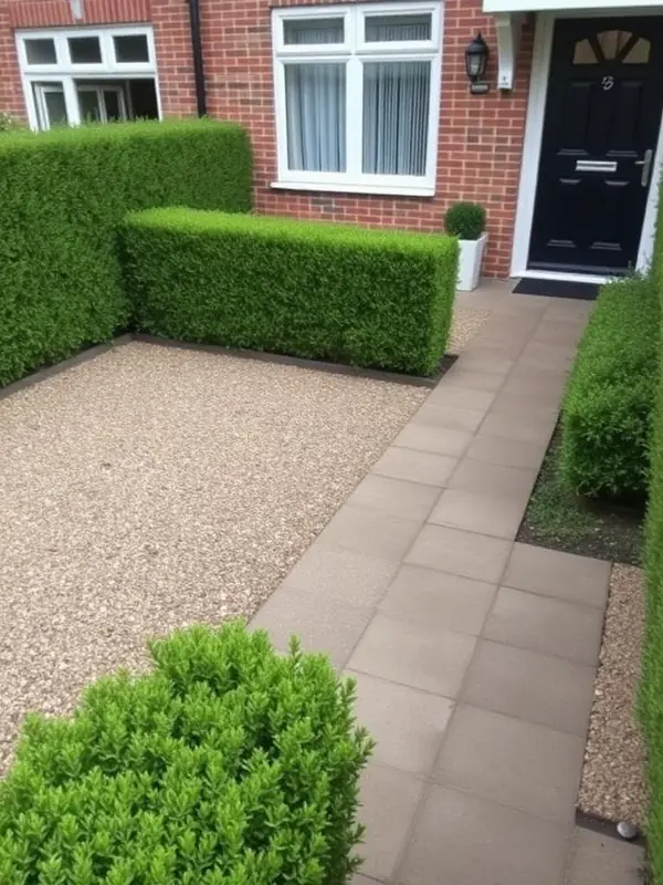 Kleine voortuin met grind, haag en tegelpad naar de voordeur.