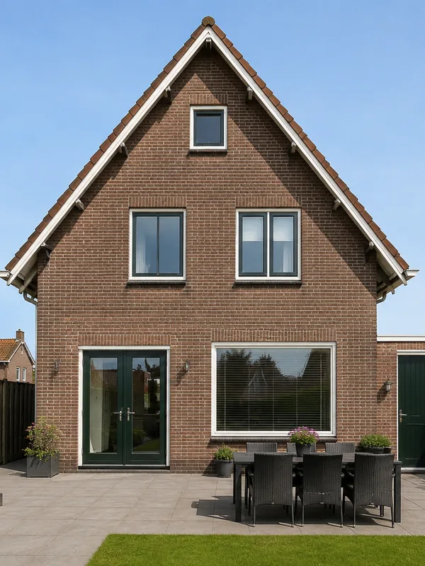 Achtergevel met terras, openslaande deuren en donkergroen geschilderde kozijnen.