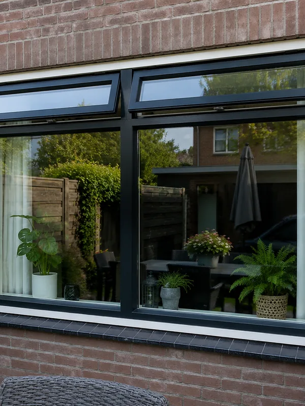 Antracietkleurig kozijn met bovenlichten aan de achtergevel.
