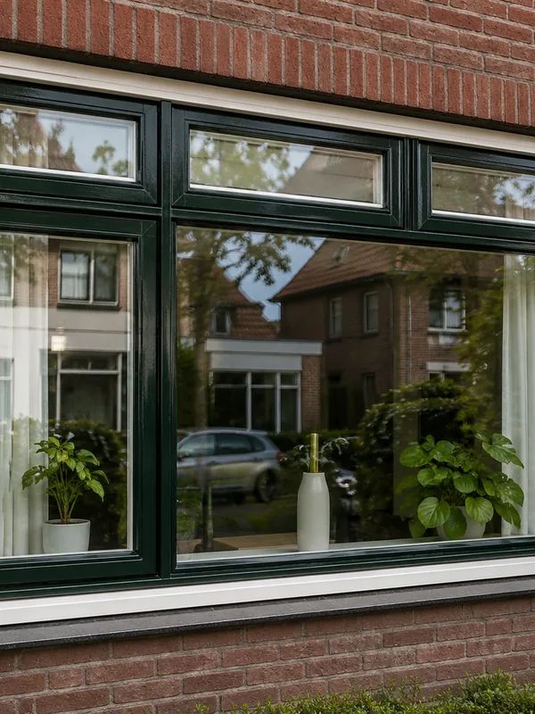 Donkergroen houten kozijn met bovenlichten aan de voorgevel, van dichtbij.