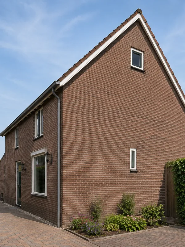 Zijgevel van de woning met twee kleine ramen en het pad naar de poort.